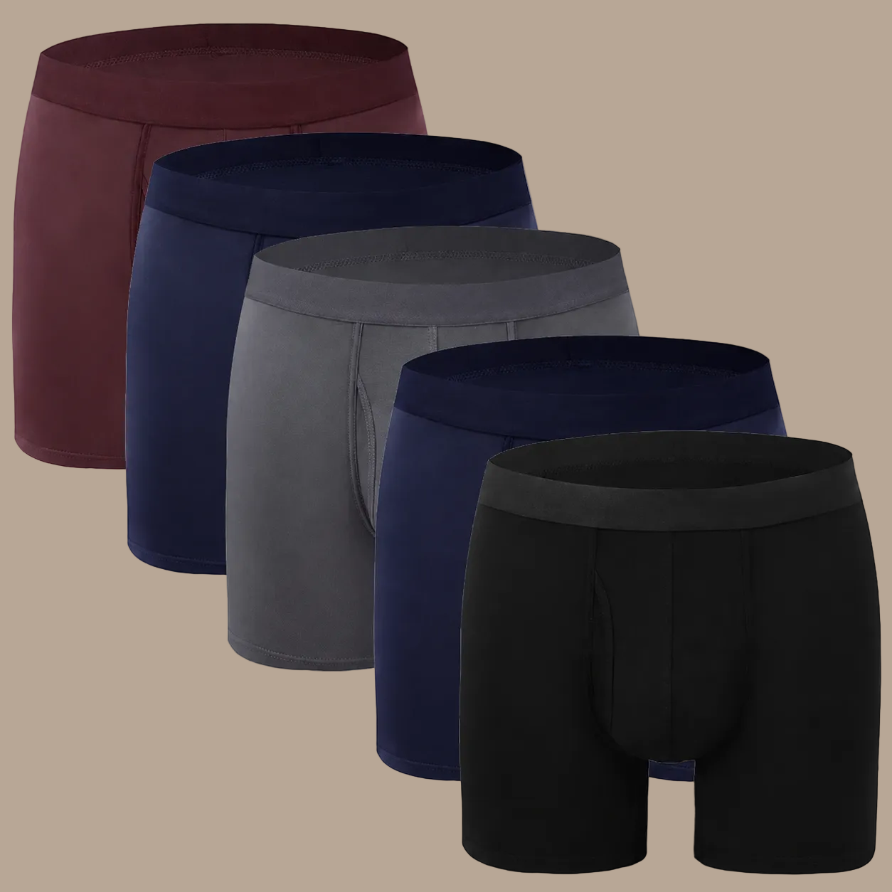 Five pairs of men's boxer briefs arranged in a staggered row on a white background, shown in burgundy, navy, gray, navy, and black.
