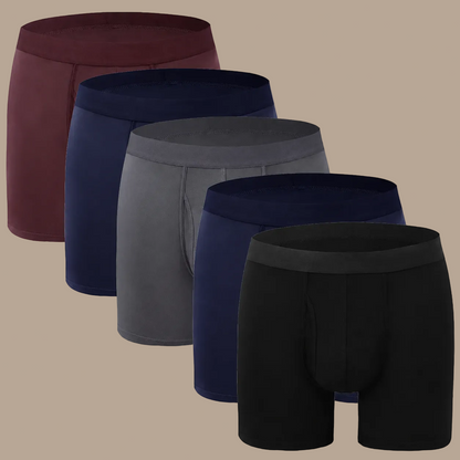 Five pairs of men's boxer briefs arranged in a staggered row on a white background, shown in burgundy, navy, gray, navy, and black.